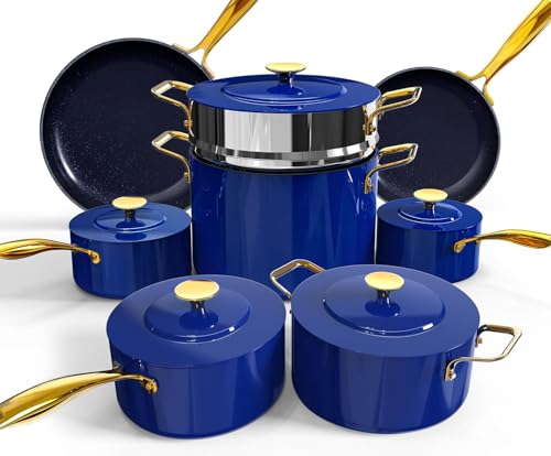 Nuwave Lux LE 13-Pc Cookware Set with Elegant Gold Handle, Diamond Infused Ceramic Non-Stick, PFAS Free, Premium Metal
