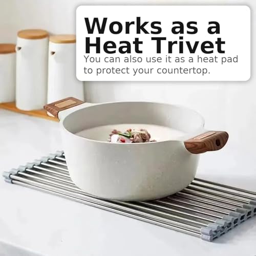 Over-The-Sink Roll Up Dish Drying Rack, 18.5" x 13.5" Foldable Stainless Steel Dish Drainer Mat, Sink Cover & Heat-Resistant Kitchen Organizer (Grey)