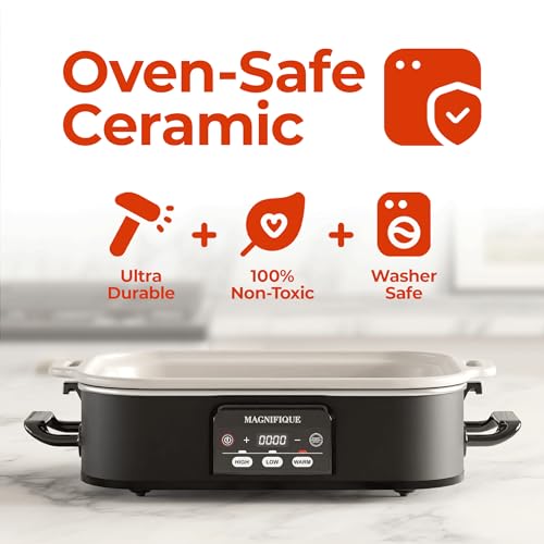 Magnifique 4 Quart Casserole Digital Slow Cooker, Premium Ceramic Bakeware for Oven, Dishwasher Safe Baking Dish,Black