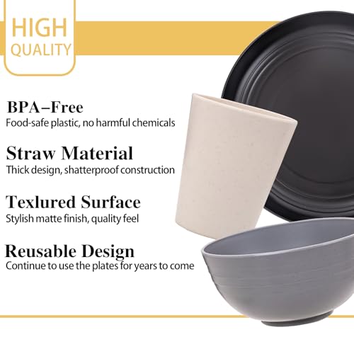 Rubtlamp Wheat Straw Dinnerware Sets, 16PCS Plastic Dinnerware Set for 4, Wheat Straw Plates and Bowls Sets, Unbreakable Dinnerware Plastic Microwave Safe Dishes Set for Kitchen&Camping