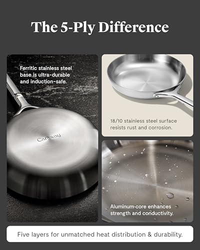 Caraway Stainless Steel 4-Piece Fry Pan Set - 5-Ply Frying Pans (8" & 10.5”) & Saute Pan - Non-Toxic, PTFE & PFOA Free - Oven Safe & Stovetop Agnostic