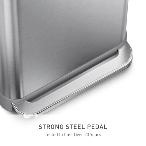 simplehuman Rectangular Step Can, 45L / 12 Gallon Kitchen Trash Can, Liner Rim System, Liner Pocket®, 150,000-Step Pedal, Lid Shox® Silent Close, Brushed Stainless Steel with Grey Plastic Lid
