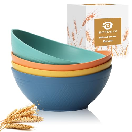 BUSOKIP 65 OZ Wheat Straw Bowls Set of 4, Large Unbreakable Salad Bowls, Microwave & Dishwasher Safe Big Serving Bowl, Plastic Kitchen Bowl for Popcorn, Cereal, Soup and Ramen (Multicolor)