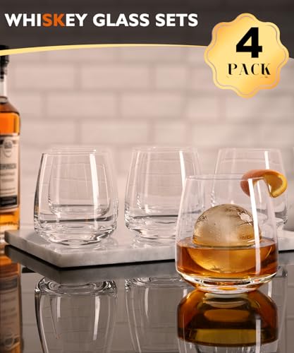 Potdoctor Whiskey Glasses Set of 4,13.5 Oz Crystal Old Fashioned Rocks Glasses for Bourbon Scotch Cocktails Drink Rum Cognac Vodka Liquor -Unique Gifts for Men,