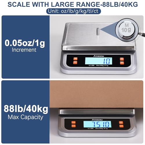 Atogou 88lb Food Scale, Commercial Kitchen Scale Plug-in Usable with Full View LCD Display, Stainless Steel, for Baking, Bread, Cooking, Meat, Vegetables, Farm, Industry LC200 Silver