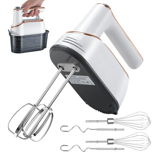 GELANGS Hand Mixer, 5-Speed Electric with Turbo Boost, White, Copper Motor, 400W, Dishwasher-Safe Attachments for Baking, Whipping, Dough