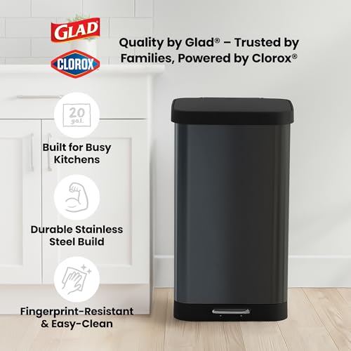 Glad 20 Gallon Stainless Steel Trash Can with Clorox Odor Protection | Large Metal Kitchen Garbage Bin with Soft Close Lid, Garbage Bag Rings, Step On Foot Pedal and Waste Bag Roll Holder, Pewter