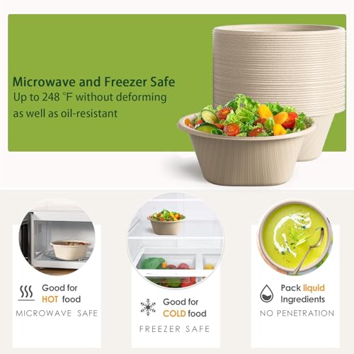 Homestockplus 48 Oz Disposable Bowls - Heavy Duty and Compostable Bowl - Made from Sugarcane and Bamboo Fibers, Microwave Safe - Large Paper Bowl for Soup, Salad, Ramen, Popcorn, etc. [50 Pack]