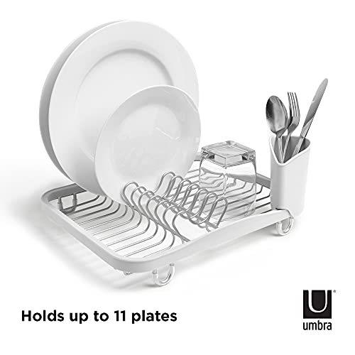 Umbra Sinkin Dish Drying Rack – Drainer Caddy with Removable Cutlery Holder – Use in Sink or On Counter, Standard, White/Nickel