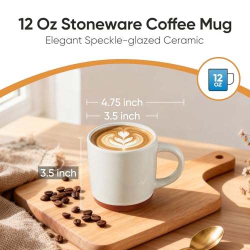 E-far Ceramic Coffee Mug Set of 4, 12oz Stoneware Coffee Cup with Handle, Porcelain Tea Cups, Modern Farmhouse Latte Mug Gift Set for Women & Men, Microwave Safe, Speckled White