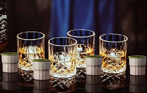 NORIMODA Whiskey Glasses Set of 4, 10oz Old Fashioned Bourbon Glasses with 4 Ice Ball Molds, Lead-free Rocks Glassware for Scotch, Liquor & Cocktails, Gift for Men