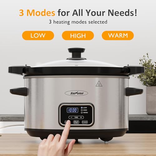 Sunvivi 4qt Slow Cooker, Programmable Slow Cooker with Locking Lid, Removable Ceramic Pot, 3 Heating Settings & Time Control, Mini Food Warmer with Dishwasher-safe Lid & Pot, Silver