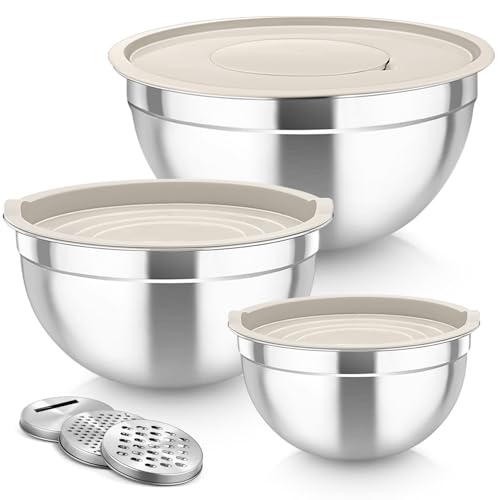 TeamFar Mixing Bowls, Stainless Steel Nesting Salad Bowls with Lids Set of 3 & 3 Grater Attachments, For Mixing/Serving/Storing, Non-toxic & Long-lasting, Size 4.6/3 / 1.5 QT, Khaki