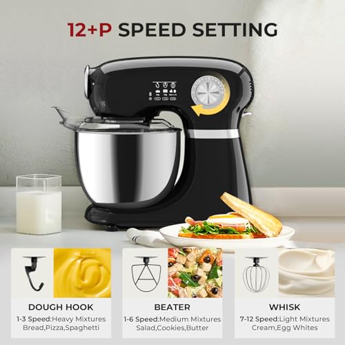 HAVATO Stand Mixer,12 Speed Tilt-Head Electric Mixer With 5.3 Quart Stainless Steel Mixing Bowl,Kitchen Mixer With Egg Whisk, Dough Hook, Beater & Baking Spatula, BLACK