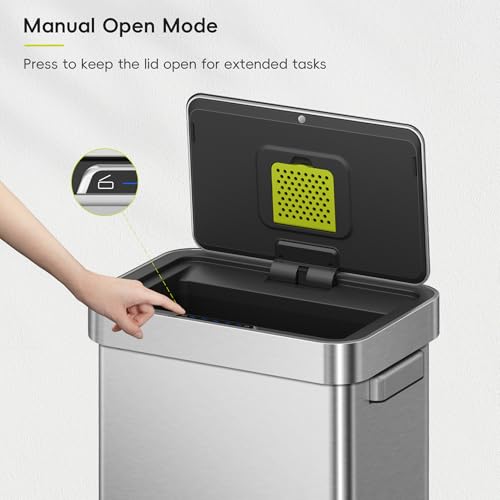 EKO Deluxe Mirage-T 50 Liter / 13.2 Gallon Touchless Rectangular Motion Sensor Trash Can, Matte Stainless Steel Finish