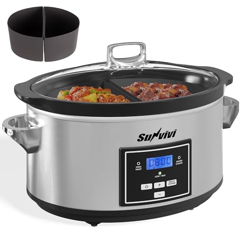 SUNVIVIPRO Programmable Slow Cooker, Multi-Cooker with 2 in 1 Silicone Slow Cooker Liners, 6 QT Food Warmer with Digital Timer, 3 Adjustable Temp & Dishwasher Safe Parts, Stainless Steel, Silver