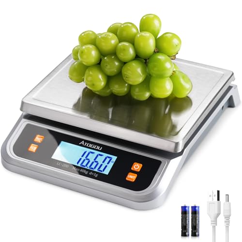 Atogou 88lb Food Scale, Commercial Kitchen Scale Plug-in Usable with Full View LCD Display, Stainless Steel, for Baking