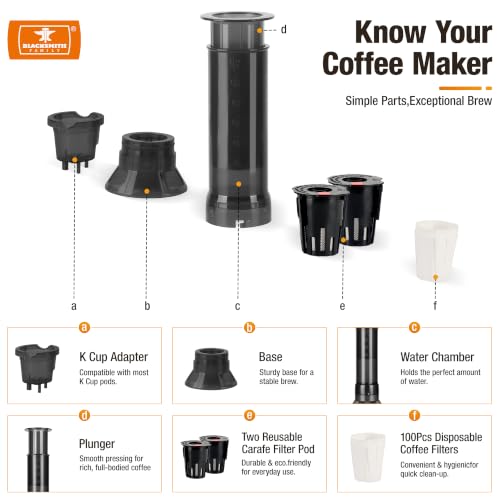 BLACKSMITH FAMILY French Press Coffee Maker - Dual Brew Coffee Press for K Cup Pod & Ground Coffee, Fast Brewing for Clean Flavor,Less Bitterness, Small Coffee Maker for Home, Office & Travel