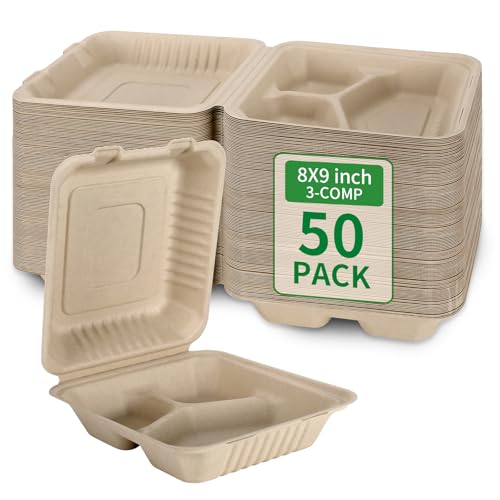 Aricsen 50 Pack 3 Compartment Compostable 8x9 Inch Takeout Lunch Box Containers with Lid To Go Take Out Clamshell for Food, Disposable Eco-Friendly Biodegradable Bagasse, PFAS-Free, Brown