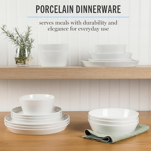 Martha Stewart Selma Chip & Scratch Resistant Dinnerware Set Service for 4 (16pcs) – White Plates and Bowls, Durable Dishwasher and Microwave Safe Dishes Set for Everyday Use