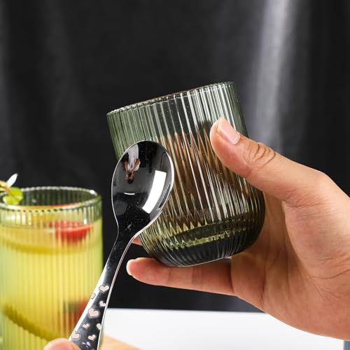 WeirdUncle Set of 8 Ribbed Glassware,4 Highball Glasses 14oz & 4 Rocks Drinking Glasses 9oz, Green, Origami Style, Fluted Design, for Milk, Water, Cocktail, Juice, Beer, ToothBrush Cup, Gift