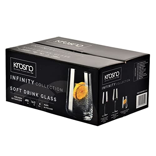 Krosno Infinity Drinking Glasses Set of 6 – 16.6 oz Water Juice Glasses, Modern Tapered Tumblers, Lead-Free Glassware, Clear Everyday Drinkware, Dishwasher Safe, Made in Europe