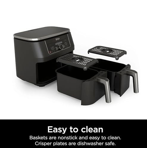 Ninja AD150 Foodi 8 Quart 6-in-1 DualZone 2-Basket Air Fryer with 2 Independent Frying Baskets, Match Cook & Smart Finish to Roast, Broil, Dehydrate & More for Quick, Easy Meals, Black (Renewed)