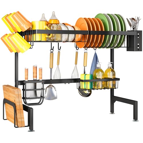 SNTD Over The Sink Large Dish Drying Rack, Metal, 26.8"-34.6", Black