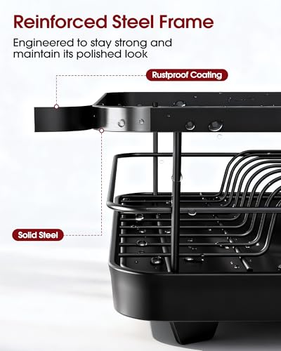 Sakugi Dish Drying Rack - Stainless Steel Dish Rack with Drainboard for Kitchen Counter and Sink, 15.6" D x 12" W x 5" H, Black