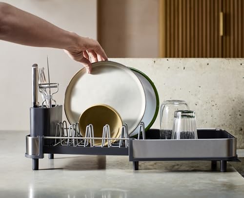 Joseph Joseph Extend Slim Steel Expandable Dish Drying Rack with Removable Cutlery Holder and Swivel Draining Spout, Compact Design, Grey