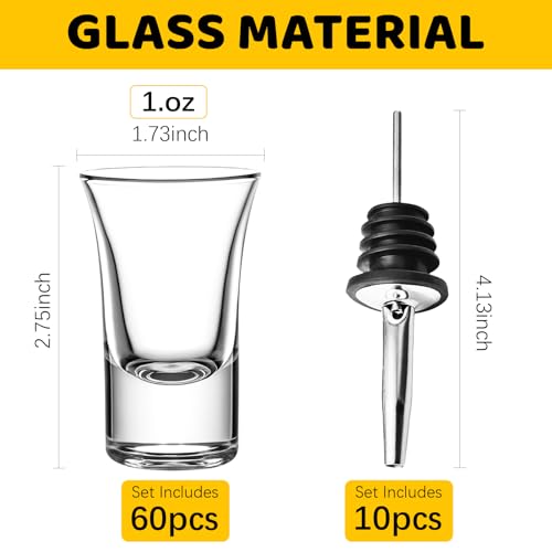 SUN GKOTTA 60-Pack 1 OZ Glass Shot Glasses set with 10 Pourers - Heavy Base shot Glasses bulk for Bar, Party, and Gifts