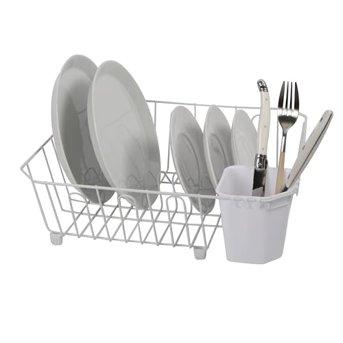 Oggi Compact Dish Drying Rack - White Metal Dish Drainer Rack, Drying Rack Kitchen, Dish Rack, Dish Racks for Kitchen Counter, Durable Coated Metal Kitchen Drying Rack with Cutlery Holder