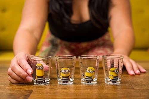 Silver Buffalo Minions Despicable Me Mug Shot Featuring Bob, Stuart, Tim, and Dave 4 Pack Mini Glass Set, 1.5 Ounces