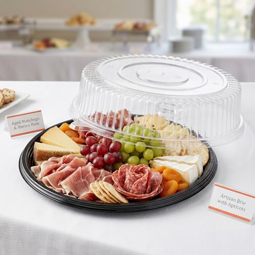 Frcctre 12 Pack 12 Inch Plastic Serving Tray with Lid, Disposable Plastic Food Serving Platters with Clear Dome Lids, Stackable Round Trays for Party, Takeout Food, Catering, Picnic