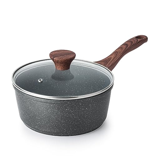 SENSARTE Nonstick Saucepan with Lid, 1.5 Quarts Small Pot with Swiss Granite Coating, Stay-cool