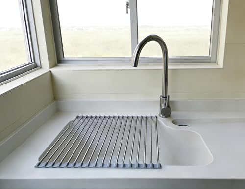D DrNeeko Roll Up Dish Drying Rack, Stainless Steel and Silicone Dish Drying Mat Over The Sink Foldable Drain Rack Multipurpose Dish Drainer for Kitchen, 14.5” x 14”, Gray