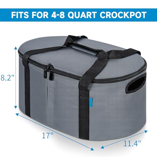 LASUK Portable Slow Cooker Travel Bag, Isulated Carrier Case Tote for 4-8 Quart Crock Carrier Compatible with Else Brands, Internal Mesh Net Holds Pot in Place, For Travel, Outdoor, Picnic, Grey