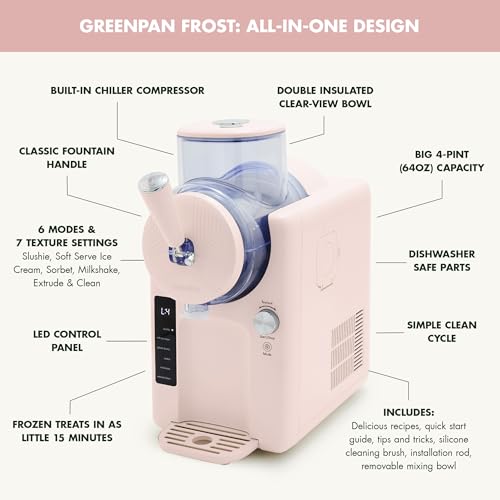 GreenPan Frost Ice Cream Maker & Slushie Machine, Soft Serve, Sorbet, Margaritas, Milkshakes, Frozen Yogurt, No Pre-Freezing, Ready in 15 Mins, 6 Modes, 7 Textures, Self-Cleaning, Family Size, Pink