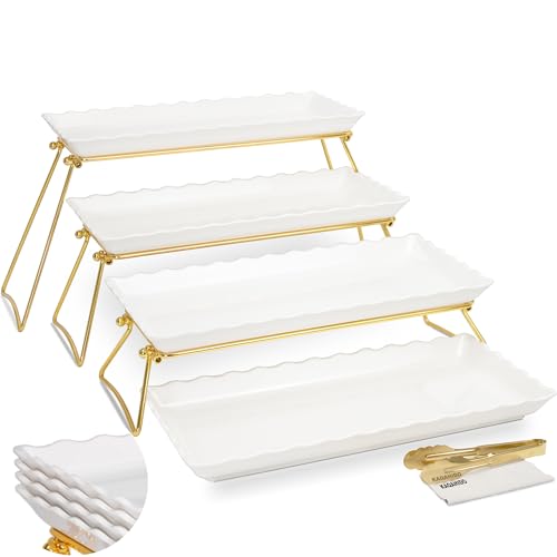 KAQAHIDO Extra Large 4 Tier Serving Tray Set, 34x22x10 inch Wave Edge Melamine Dessert Table Display Set, Tiered Trays Stand for Party Buffet Entertaining, Gold and White