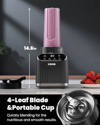 GDOR Professional Blender for Kitchen, 1200 Peak Watts Smoothie Blender, 5 Functions for Ice Crushing & Frozen Fruit, 52 Oz Glass Jar & 24 Oz To-Go Cup Combo, Self-Cleaning, Gray