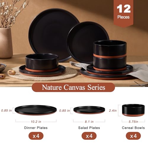 LIANYU 12 Pieces Porcelain Dinnerware Sets, Premium Plates and Bowls Set, High-Fired Ceramic Dishes Set for 4, Chip & Scratch Resistant, Microwave Dishwasher Safe, Charcoal Black