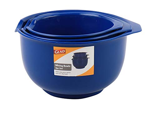 Glad Mixing Bowls with Pour Spout, Set of 3 Nesting Design Saves Space Non-Slip, BPA Free, Dishwasher Safe Plastic Kitchen Cooking and Baking Supplies, Blue