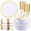 WDF Partyware 350Piece Gold Dinnerware Set for 50 Guests - Gold Plastic Plates with Disposable Cutlery - 50Dinner Plates-50Dessert Plates-50Pre Rolled Napkins with Silverware for Wedding/Birthday