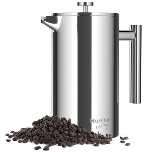 MuellerLiving French Press Coffee Maker 34oz, Stainless Steel French Press Coffee, 4 Filter Heat Resistant Double