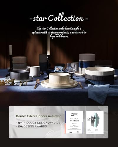 Famiware Star Dinnerware Sets, Plates and Bowls Set for 4, 12 Pieces Ribbed Dishes - Chip and Scratch Resistant, Microwave and Dishwasher Safe Tableware, Cappuccino White