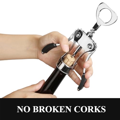 KORCCI Wine Opener, Heavy-Duty Zinc Alloy Wing Corkscrew, Premium Beer Bottle Opener, Multifunctional Wine Accessories with Ergonomic Handle and Sharp Screw, for Kitchen, Bar, Restaurant (SILVER)