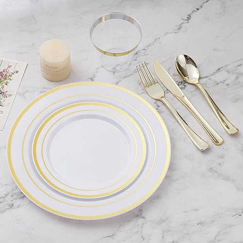 BESTVIP 600PCS Gold Dinnerware Set for 100 Guests, Plastic Plates for Party, 100 Gold Disposable Plates, 100 Dessert Plates, 100 Cups, 100 Spoons, 100 Forks and 100 Knives