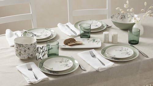 Oneida Dinnerware Set, Botanica 12-Piece Dinnerware Set, Service For 4, Porcelain Material, Dishwasher And Microwave Safe, Bowls, Plates And Bowls, Dinner Dishes, Plates, Home (Green, 12 Piece)