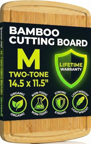 GREENER CHEF 15 Inch Medium Cutting Board with Lifetime Replacements, Bamboo Cutting Boards for Kitchen, Butcher Block, Medium Wooden Chopping Board for Meat, Veggies, Non Toxic Charcuterie Board