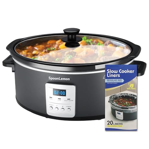 SpoonLemon 7QT Slow Cooker, Electric Programmable Cooker with 20H Timer & 3 Heat Settings, Oval Ceramic Pot — Ideal for Family Meals & Meal Prep, Compatible with 20 Count 13"x21" Cooking Liners